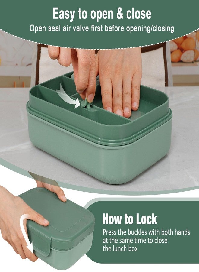 Caperci Stackable Bento Lunch Box for Adult & Teens - Reinforced Leak-Proof Lunch Container 4-Compartment with Utensils & Sauce Container, BPA-Free, Dishwasher/Microwave Safe, 47oz (Khaki Green) - Image 3