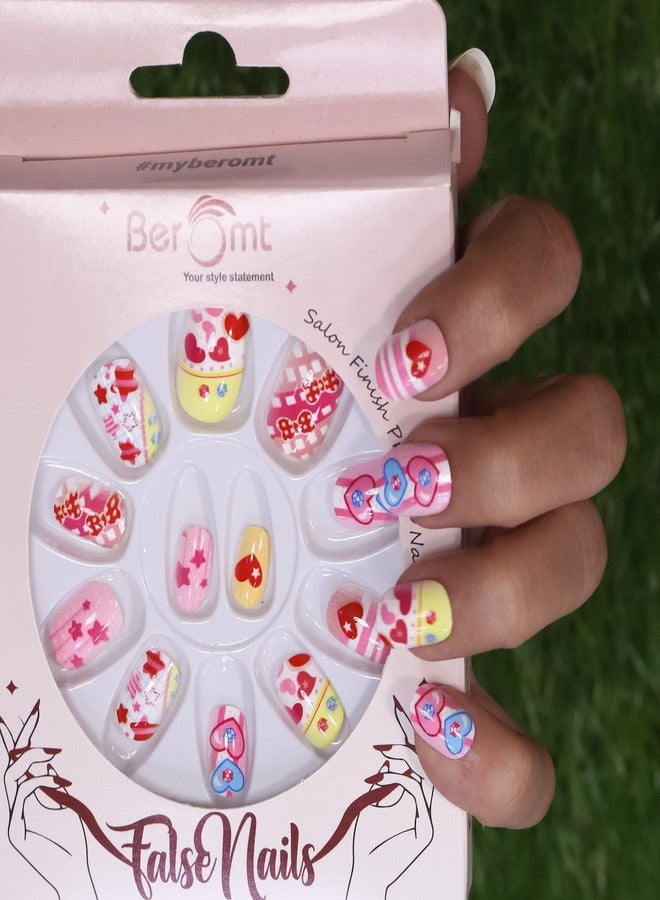 Beromt Press On Nails Set Of Full Fake Nails With Beautiful Printed Multicolor Deisgn For Kids -BFN45KN - Image 3