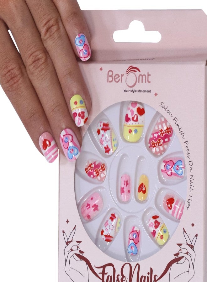 Beromt Press On Nails Set Of Full Fake Nails With Beautiful Printed Multicolor Deisgn For Kids -BFN45KN - Image 1
