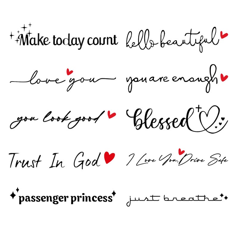Pakeed 10pcs Car Stickers, Cars Decals I Love You Drive Safe Mirror Sticker Trust in God Rearview Mirror Decals Car Window Vinyl Decal Various Style Makeup Rear View Mirror Sticker Set Fits Most Vehicles - Image 1