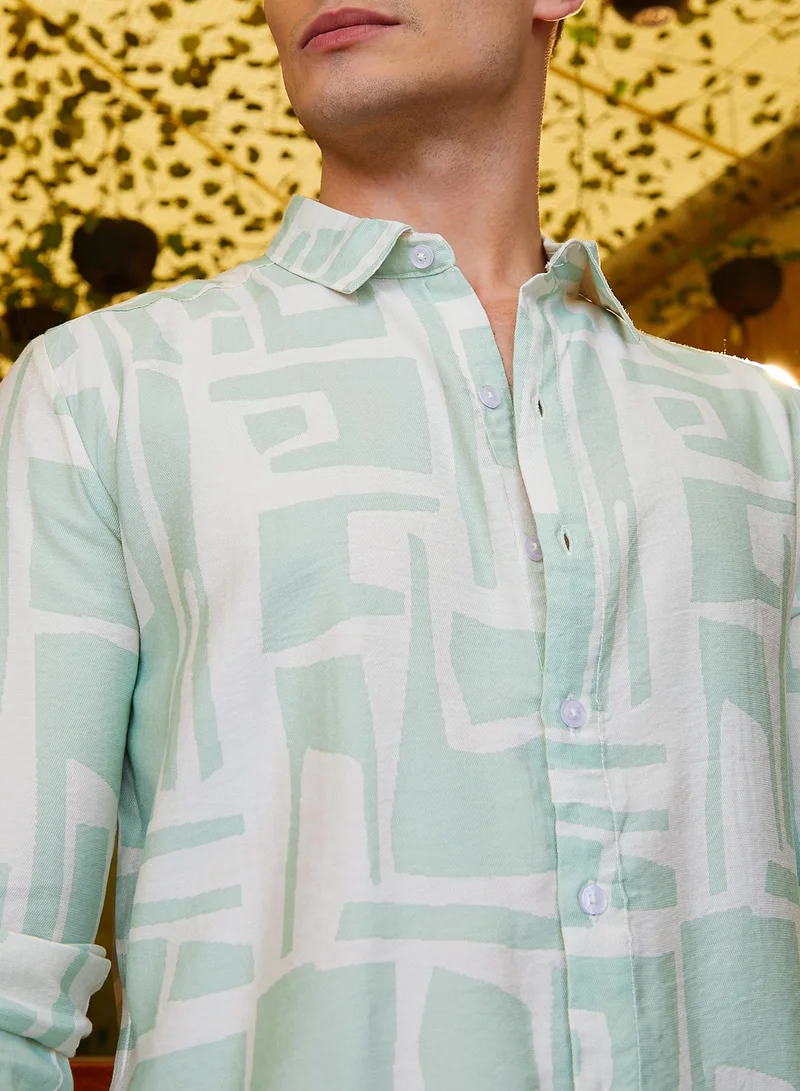 كامبوس سوترا Men's Mint Green & Daisy White Abstract-Deco Regular Shirt
