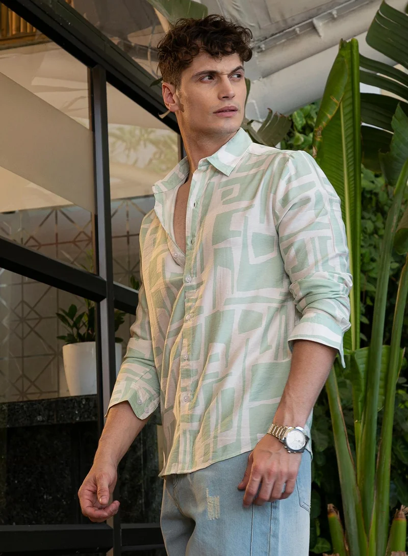 كامبوس سوترا Men's Mint Green & Daisy White Abstract-Deco Regular Shirt