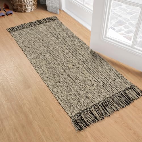 Collive Kitchen Runner Rug 2x43 HandWoven Reversible Washable Bathroom Runner Rug for Entryway NaturalBlack Cotton Woven Boho Farmhouse Front Door Rug for Bedroom Entry Kitchen Floor Door Decor