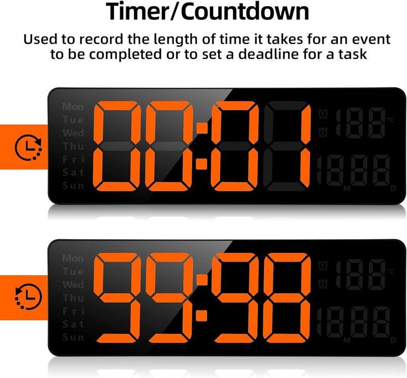 Niyam ساعة حائط رقمية USB بلاستيكية من نيام مع شاشة كبيرة بحجم 13 بوصة ساعة منبه متعددة الوظائف مع جهاز تحكم عن بعد لغرفة المعيشة أو المكتب باللون البرتقالي الأرقام 32 × 105 × 27 سم باللون الأسود - Image 3