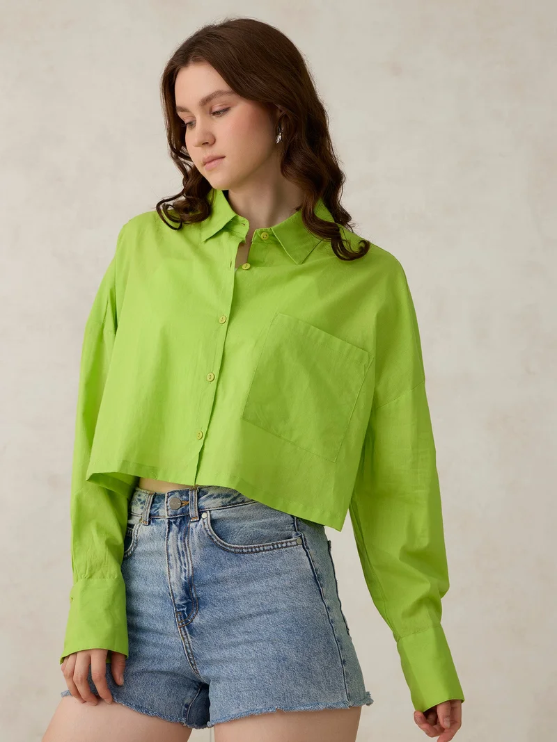 OUTZIDR Green Cropped Solid Shirt