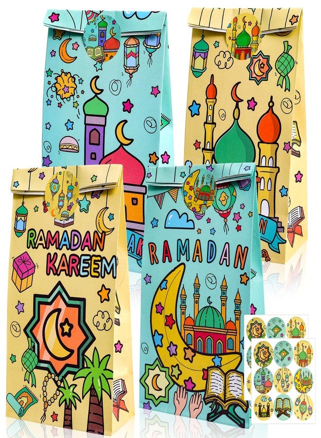 هواف أكياس هدايا عيد مبارك من هواف، 12 قطعة من أكياس هدايا العيد، أكياس حلوى رمضانية مع ملصقات العيد، أكياس هدايا ورقية رمضانية للمسلمين، لوازم حفلات عيد الفطر، أكياس هدايا ملونة لعيد مبارك - Image 1