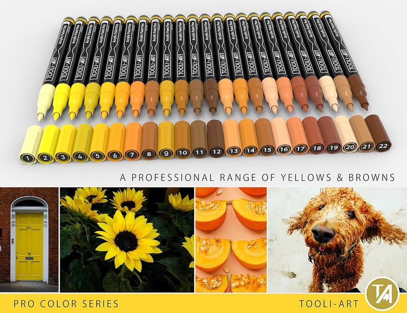 TOOLI-ART Acrylic Paint Pens 22 Yellow & Brown Tones Assorted Pro Color Series Markers Set 0.7mm Extra Fine Tip for Rock Painting, Glass, Mugs, Wood, Metal, Canvas, Projects, Non Toxic, Waterbased, Quick Drying - Image 2