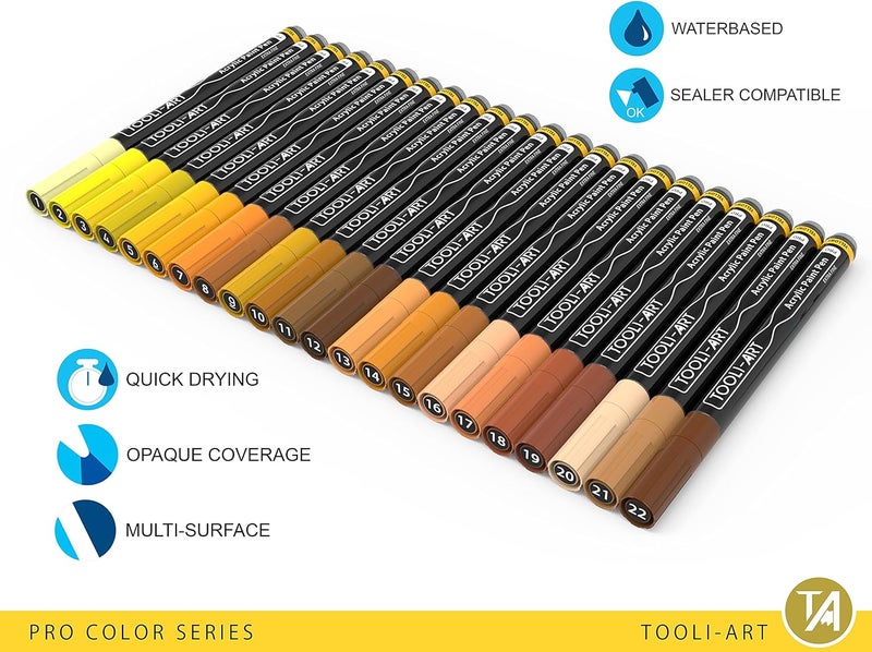 TOOLI-ART Acrylic Paint Pens 22 Yellow & Brown Tones Assorted Pro Color Series Markers Set 0.7mm Extra Fine Tip for Rock Painting, Glass, Mugs, Wood, Metal, Canvas, Projects, Non Toxic, Waterbased, Quick Drying - Image 4