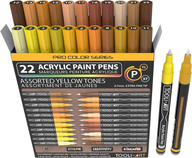 TOOLI-ART Acrylic Paint Pens 22 Yellow & Brown Tones Assorted Pro Color Series Markers Set 0.7mm Extra Fine Tip for Rock Painting, Glass, Mugs, Wood, Metal, Canvas, Projects, Non Toxic, Waterbased, Quick Drying - Image 1
