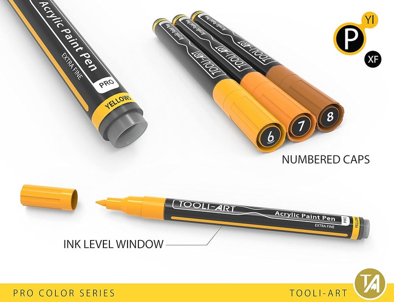 TOOLI-ART Acrylic Paint Pens 22 Yellow & Brown Tones Assorted Pro Color Series Markers Set 0.7mm Extra Fine Tip for Rock Painting, Glass, Mugs, Wood, Metal, Canvas, Projects, Non Toxic, Waterbased, Quick Drying - Image 3