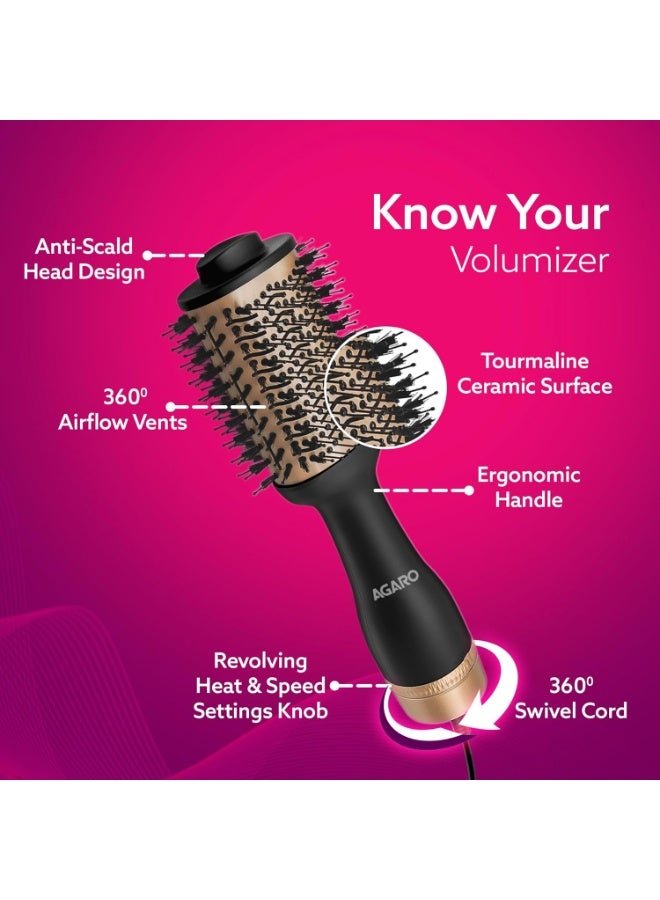 AGARO HV2179 Hot Air Brush for Hair, Blow Dryer Brush, Volumizer & Styler, 360° Airflow Vent, Oval Barrel for Hair Volume, Charcoal Bristles, Ceramic Coating Brushing Head, 1200W, Gold & Black - Image 2