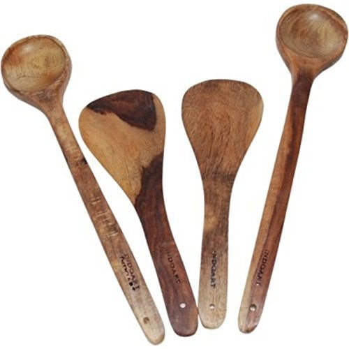OnlineshoppeeÆ Antique Wooden Handmade 2 Bouillon (Kadchi), 2 Rice Spoon - Image 1