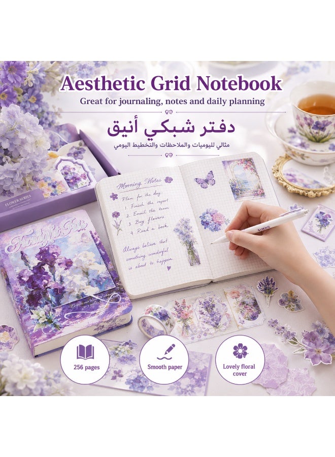 Twilight Iris 157 PCS Purple DIY Journal Gift Set, Aesthetic Scrapbook Stationery Kit with Grid Notebook, Stickers, Memo Notes, Decorative Papers, Washi Tape, Envelopes, Clips & Tags for Journaling, Planning and Gifts - Image 3