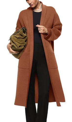 Womens Long Sleeve Maxi Cardigan Open Front Oversized Knitted Sweater Coat Casual Lapel Warm Overcoat with Pockets Red Brown