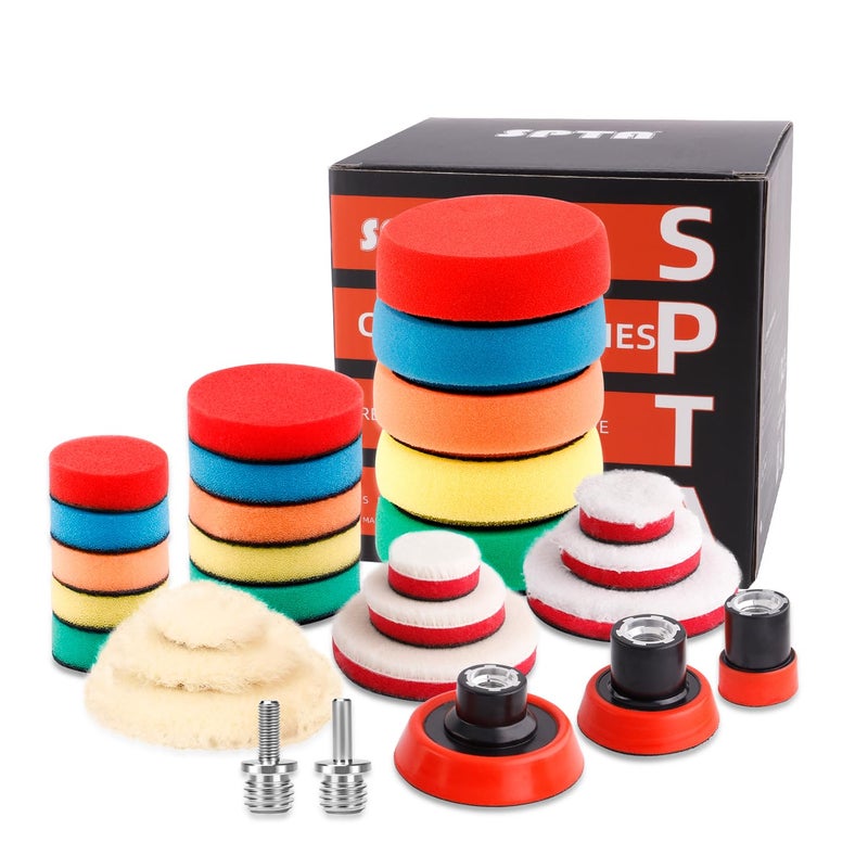 SPTA 29pcs Drill Buffing Pad Detail Polishing Pad Mix Size Kit with 5/8-11 Thread Backing pad & Adapters for Car Sanding, Polishing, Waxing (29Pcs Mini Polishing Pad Set2) - Image 1