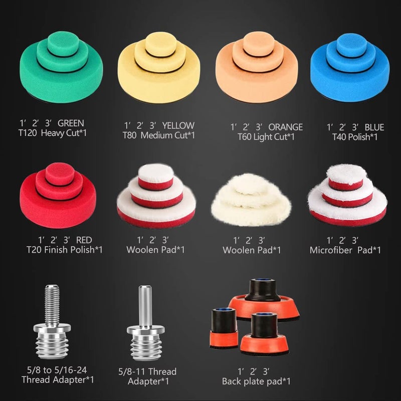 SPTA 29pcs Drill Buffing Pad Detail Polishing Pad Mix Size Kit with 5/8-11 Thread Backing pad & Adapters for Car Sanding, Polishing, Waxing (29Pcs Mini Polishing Pad Set2) - Image 2