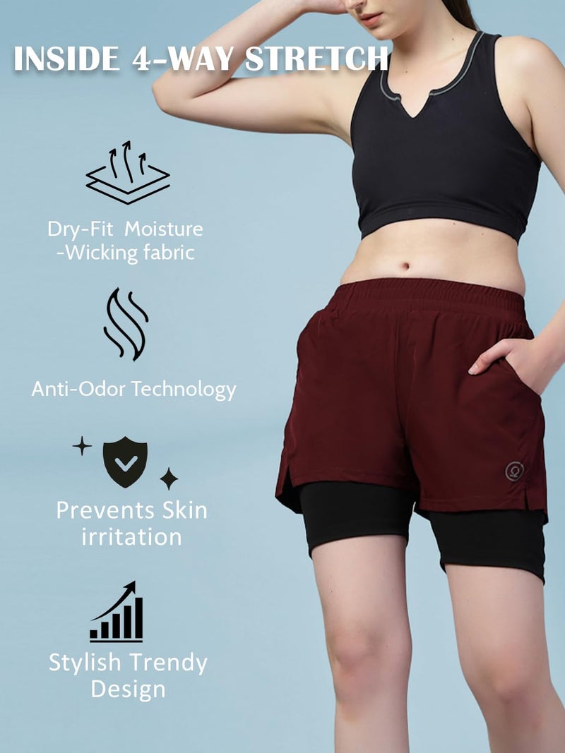 CHKOKKO Gym Shorts for Women Workout Sports Running Quick Dry Fit Double Layer Inner Compression with Pockets Breathable Lightweight Wine Black L - Image 2