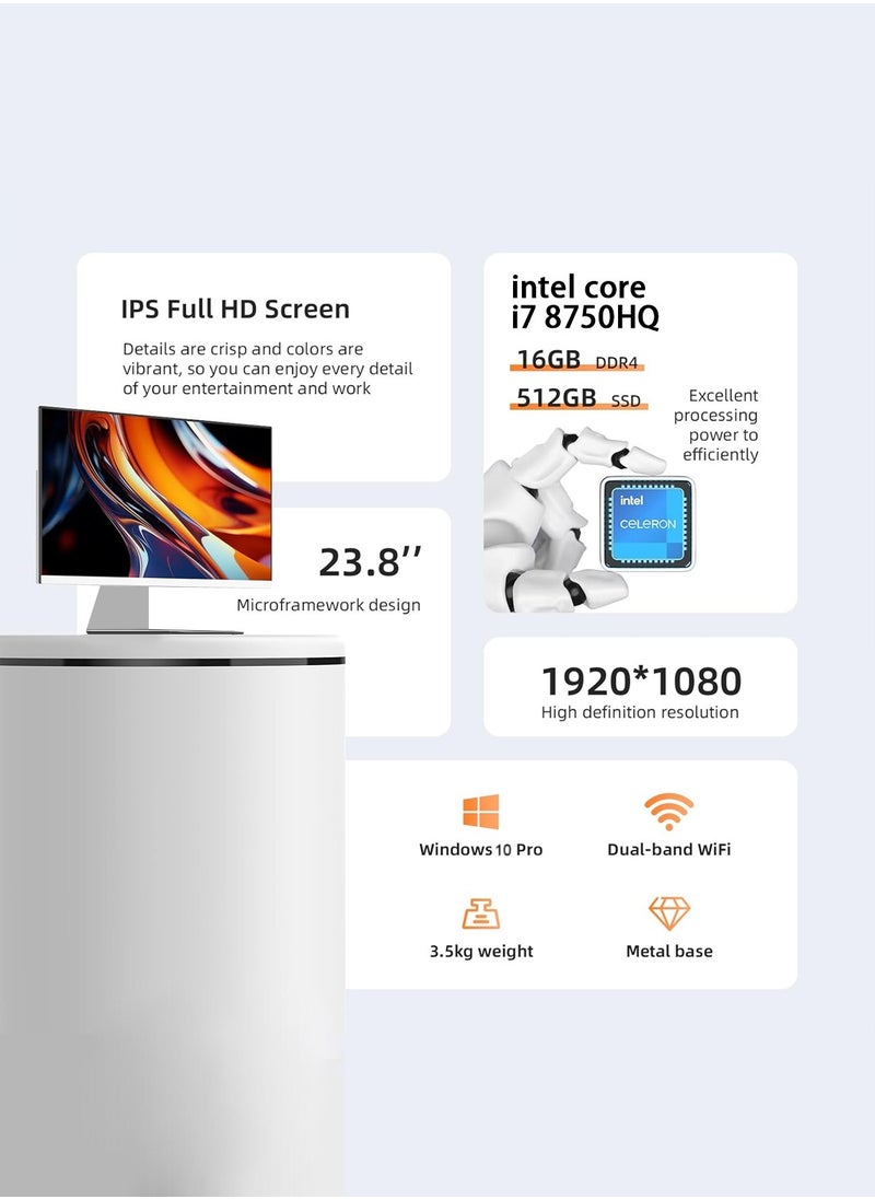 HILUKE - All-in-One Desktop Computer With 23.8 Inch Full HD(1920X1080) Display IPS,Intel i7-8750H Processor/16GB RAM DDR4/512GB SSD/Windows 10 Pro/White - Image 1