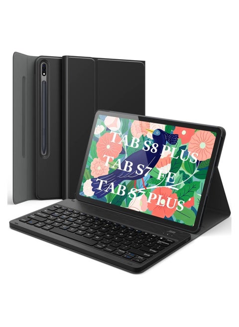 Galaxy Tab S8+, S7 FE, S7+ Case with Keyboard, Wireless Detachable, Type-C Rechargeable, PU Leather Stand Cover, Case with Keyboard for Tab S7 Plus 12.4" 2020, Tab S7 FE 2021, Tab S8 Plus 2022