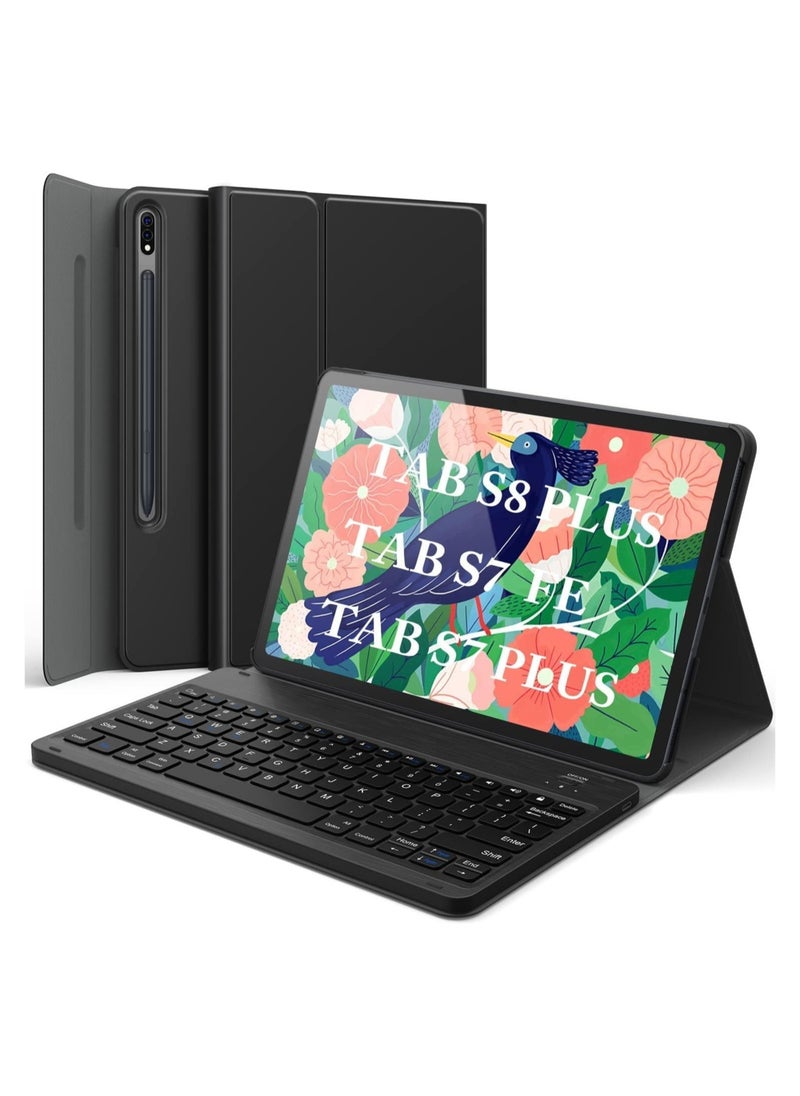 Galaxy Tab S8+, S7 FE, S7+ Case with Keyboard, Wireless Detachable, Type-C Rechargeable, PU Leather Stand Cover, Case with Keyboard for Tab S7 Plus 12.4" 2020, Tab S7 FE 2021, Tab S8 Plus 2022