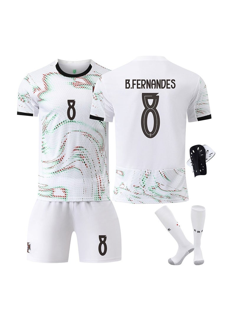 A new No. 8 football jersey is made of fabric that is breathable, quick-drying, soft and has good elasticity, It consists of a 4-piece set of a top, trousers, socks and knee pads, and is specially designed for football and sports enthusiasts