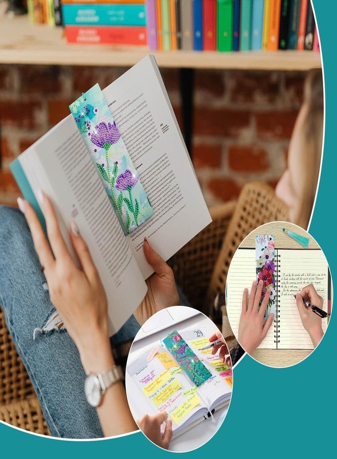 EEEKit 4 PCS Diamonds Painting Bookmarks, DIY Diamond Art Kits for Adults, Floral Tassel Leather Page Bookmark for Book Lovers - Image 4