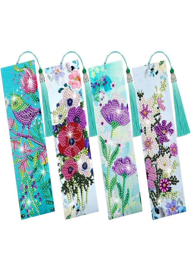 EEEKit 4 PCS Diamonds Painting Bookmarks, DIY Diamond Art Kits for Adults, Floral Tassel Leather Page Bookmark for Book Lovers - Image 1