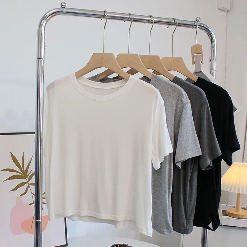 Super Hand-Feel Short Modal T-Shirt Women'S Niche Summer 2024 Slim-Fit Slimming Round Neck Short-Sleeve Solid Color Base Shirt - Image 2