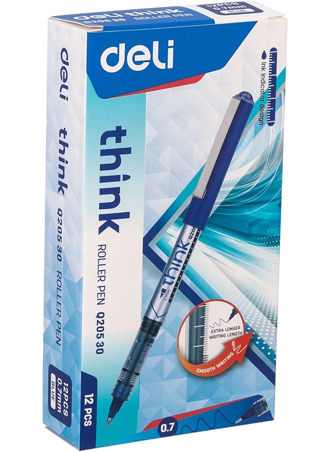Deli Smooth Writing Roller Bullet Tip Pen 12 Pieces Set 0.7 Mm Tip Size Blue - Image 1