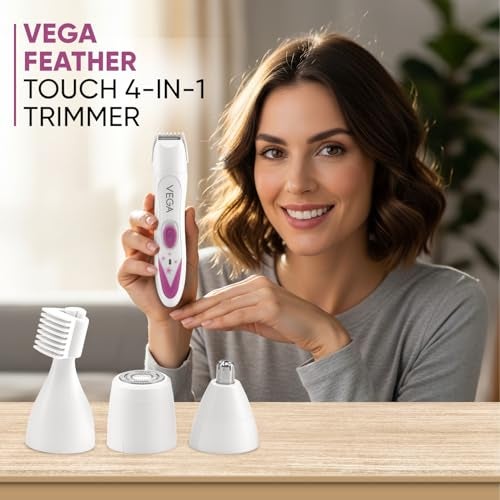 Vega Feather Touch 4-In-1 Trimmer Face & Body Hair Trimmer | 60 Min Runtime | Ladies Eyebrow & Bikini Hair Removal Trimmer | Rechargeable Cordless Hair Removal Machine for Women, (VHBT-03) - Image 5
