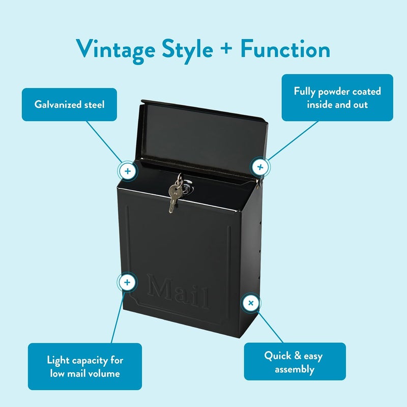 ARCHITECTURAL MAILBOXES Townhouse Vertical Small Capacity, Galvanized Steel Wall Mount Mailbox, 4.1 x 8.6 x 10.1 inches, Black - Image 4