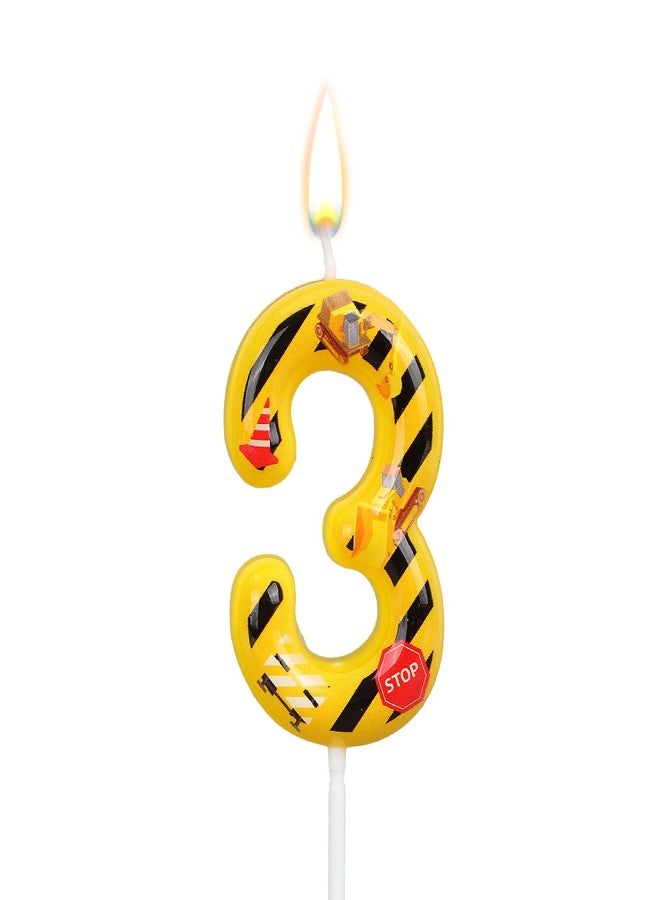 Penitue Construction Birthday Candle, Yellow and Black Stripes Birthday Number Candle Cool Construction Cake Topper for Boys Party Supplies Cake Decoration (Number 3) - Image 1