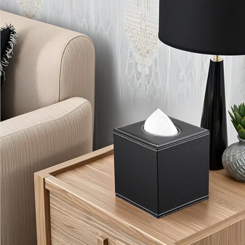 KINGFOM Square Pu Leather Tissue Box Cover, Modern Facial Tissue Holder, Roll Tissues Paper Case Dispenser for Bathroom Vanity Countertop, Night Stands, Office Desk & Car(Black) - Image 3