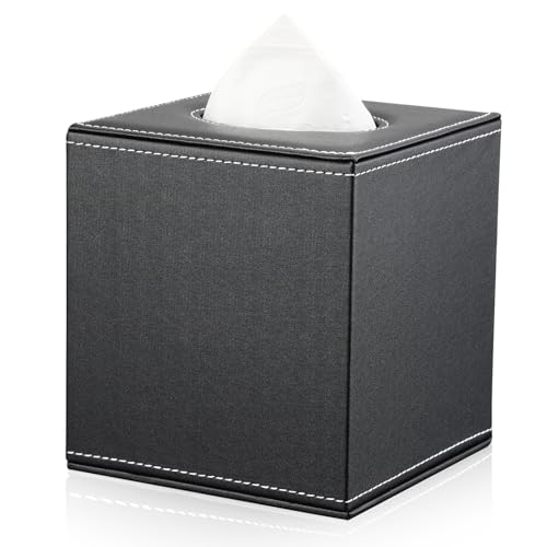 KINGFOM Square Pu Leather Tissue Box Cover, Modern Facial Tissue Holder, Roll Tissues Paper Case Dispenser for Bathroom Vanity Countertop, Night Stands, Office Desk & Car(Black) - Image 1