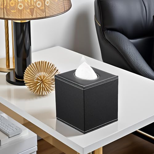 KINGFOM Square Pu Leather Tissue Box Cover, Modern Facial Tissue Holder, Roll Tissues Paper Case Dispenser for Bathroom Vanity Countertop, Night Stands, Office Desk & Car(Black) - Image 5