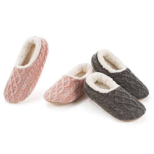 cosyone1997 2-Pair Thick Warm Fuzzy Slippers for Women Indoor Fluffy Sherpa Lined，Winter House Shoe Socks Non-Slip Soft Soles, Cozy Christmas Gifts, Cable Knit Grey Pink Adult Size 9-10 - Image 5