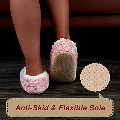 cosyone1997 2-Pair Thick Warm Fuzzy Slippers for Women Indoor Fluffy Sherpa Lined，Winter House Shoe Socks Non-Slip Soft Soles, Cozy Christmas Gifts, Cable Knit Grey Pink Adult Size 9-10 - Image 4
