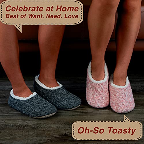 cosyone1997 2-Pair Thick Warm Fuzzy Slippers for Women Indoor Fluffy Sherpa Lined，Winter House Shoe Socks Non-Slip Soft Soles, Cozy Christmas Gifts, Cable Knit Grey Pink Adult Size 9-10 - Image 2