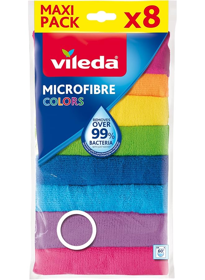 Vileda Microfiber All Purpose Cloth 8 Pieces In Multiple Colors Super Cleaning Towel For Kitchen Office Car Bathroom And Toilet. With Antibacterial Effect And Absorbent Super Quality - Image 1