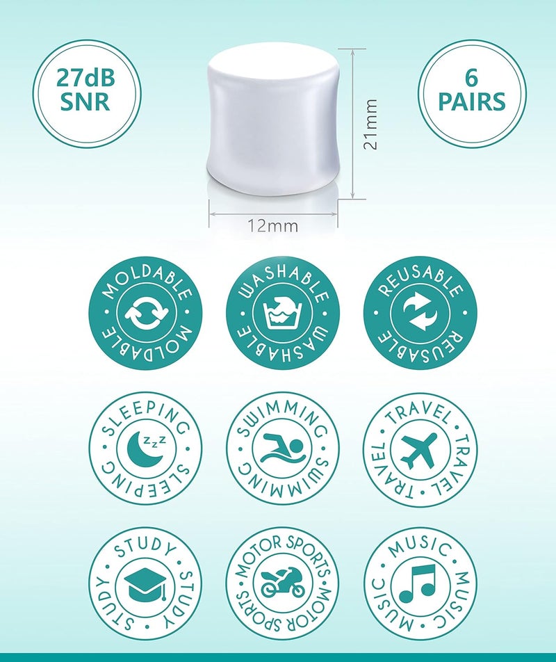 Medi Grade Premium Silicone Ear Plugs for Sleep 6 Pairs 27dB Mouldable and Reusable Noise Cancelling Silicone Ear Plugs for Sleeping Swimming and Concerts Ear Plugs Noise Cancelling - Image 2
