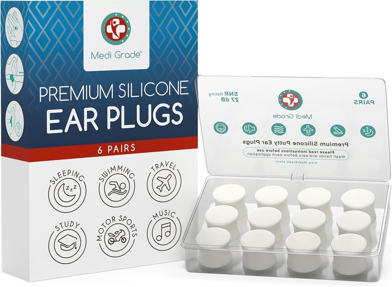 Medi Grade Premium Silicone Ear Plugs for Sleep 6 Pairs 27dB Mouldable and Reusable Noise Cancelling Silicone Ear Plugs for Sleeping Swimming and Concerts Ear Plugs Noise Cancelling - Image 1