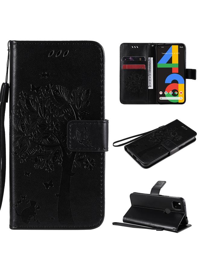 Zaboon Case For Google Pixel 4a 4G Tree & Cat Embossed Pattern Horizontal Flip Leather Case with Holder & Card Slots & Wallet & Lanyard - Image 1