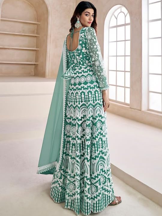 PATLANI Women's Naylon Net Embroiered Full Stitched Gown with Dupatta. Green - Image 2
