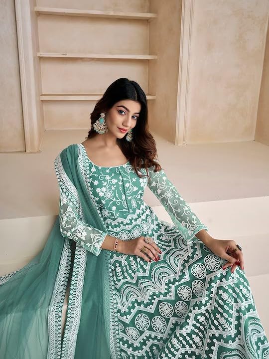PATLANI Women's Naylon Net Embroiered Full Stitched Gown with Dupatta. Green - Image 4