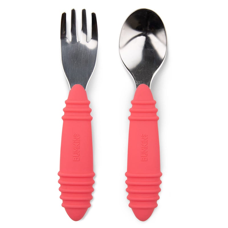 Bumkins Toddler Utensils, Kids Size Fork and Spoon Set, Silicone and Stainless-Steel Training Silverware, Angled Forks / Sporks for Self-Feeding, Children Hold Learning to Eat, 18 Months Up, Red - Image 1