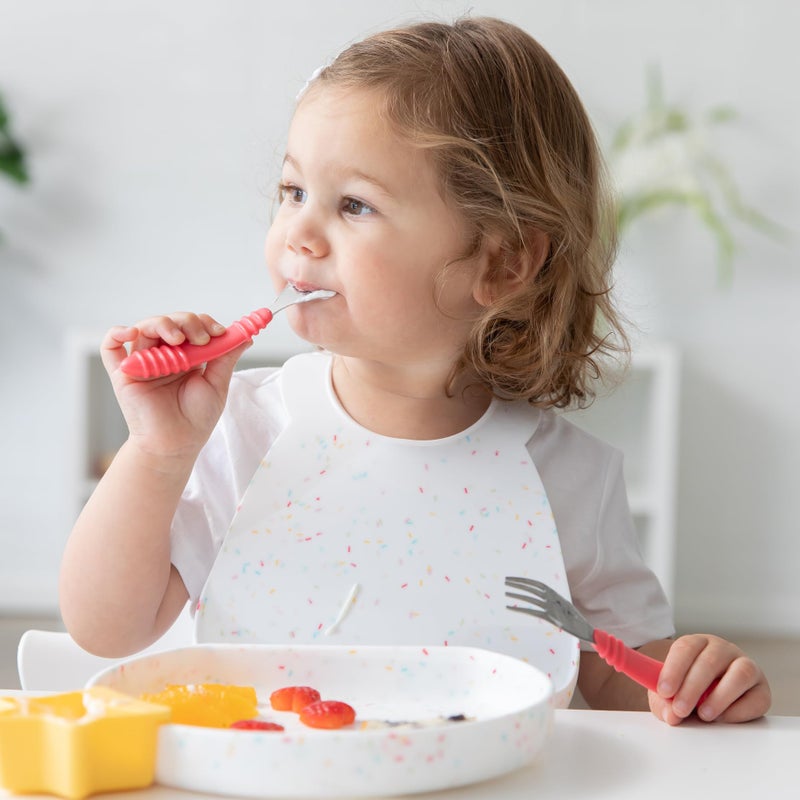 Bumkins Toddler Utensils, Kids Size Fork and Spoon Set, Silicone and Stainless-Steel Training Silverware, Angled Forks / Sporks for Self-Feeding, Children Hold Learning to Eat, 18 Months Up, Red - Image 4