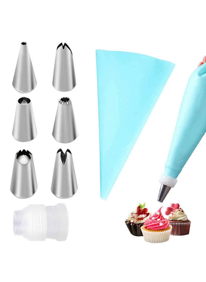 طقم تزيين الكيك، 8 فوهات كيك من الفولاذ المقاوم للصدأ، كيس تزيين من السيليكون، مصاصة خبز ذاتية اللصق - مجموعة أنابيب قابلة لإعادة الاستخدام لتزيين الكيك والكب كيك والبسكويت - Image 2