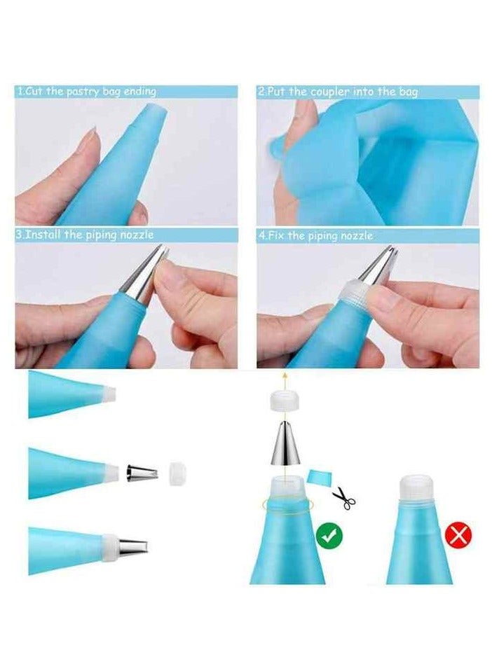 طقم تزيين الكيك، 8 فوهات كيك من الفولاذ المقاوم للصدأ، كيس تزيين من السيليكون، مصاصة خبز ذاتية اللصق - مجموعة أنابيب قابلة لإعادة الاستخدام لتزيين الكيك والكب كيك والبسكويت - Image 3