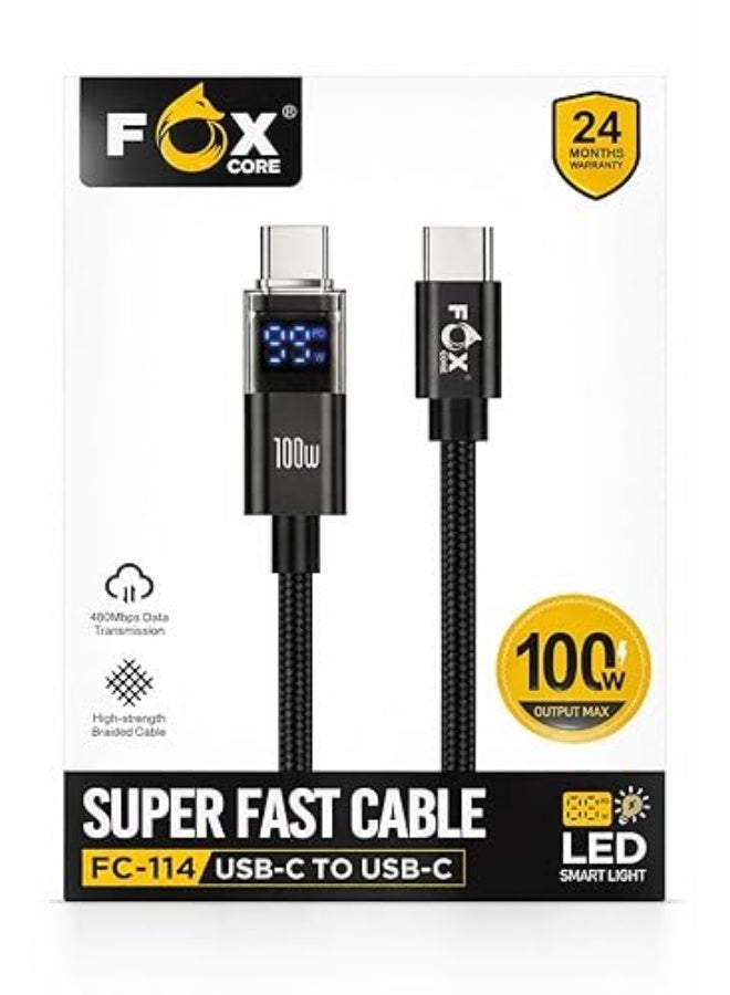 Fox Superfast USB-C to USB-C cable, 100W, 1000mm long, high-durability braided, smart LED lighting, FC-114 - Image 4