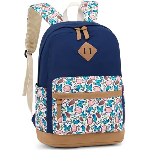 Leaper Preppy School Backpack for Girls: 7 Multi Function Pockets and 2 Water Bottle Pockets with 14'' Laptap - 360° Cushioning Protection Cute Canvas Bookbag for Teens（Dark Blue） - Image 1